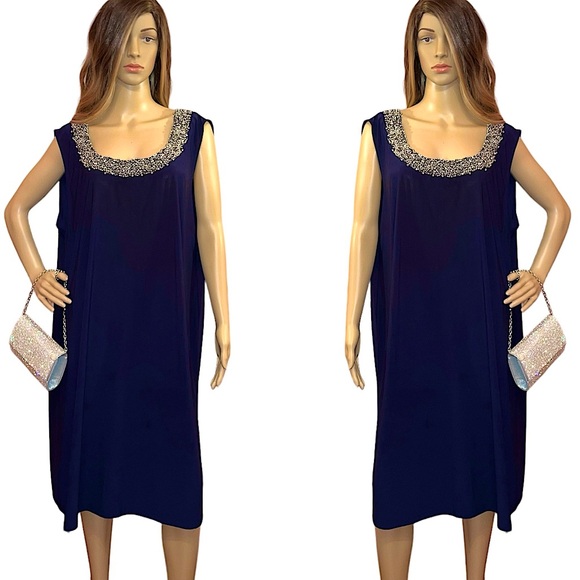 R & M Richards Mother of Bride Navy Blue Short Dress with Silver Beaded Neckline - Picture 1 of 9